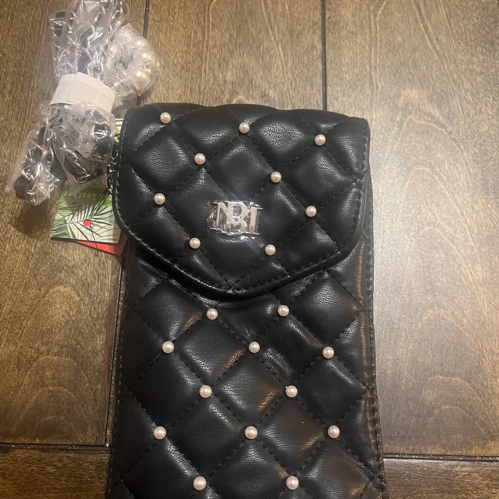 Jewel Badgley Mischka Black Quilted Phone Holster with Pearl Details